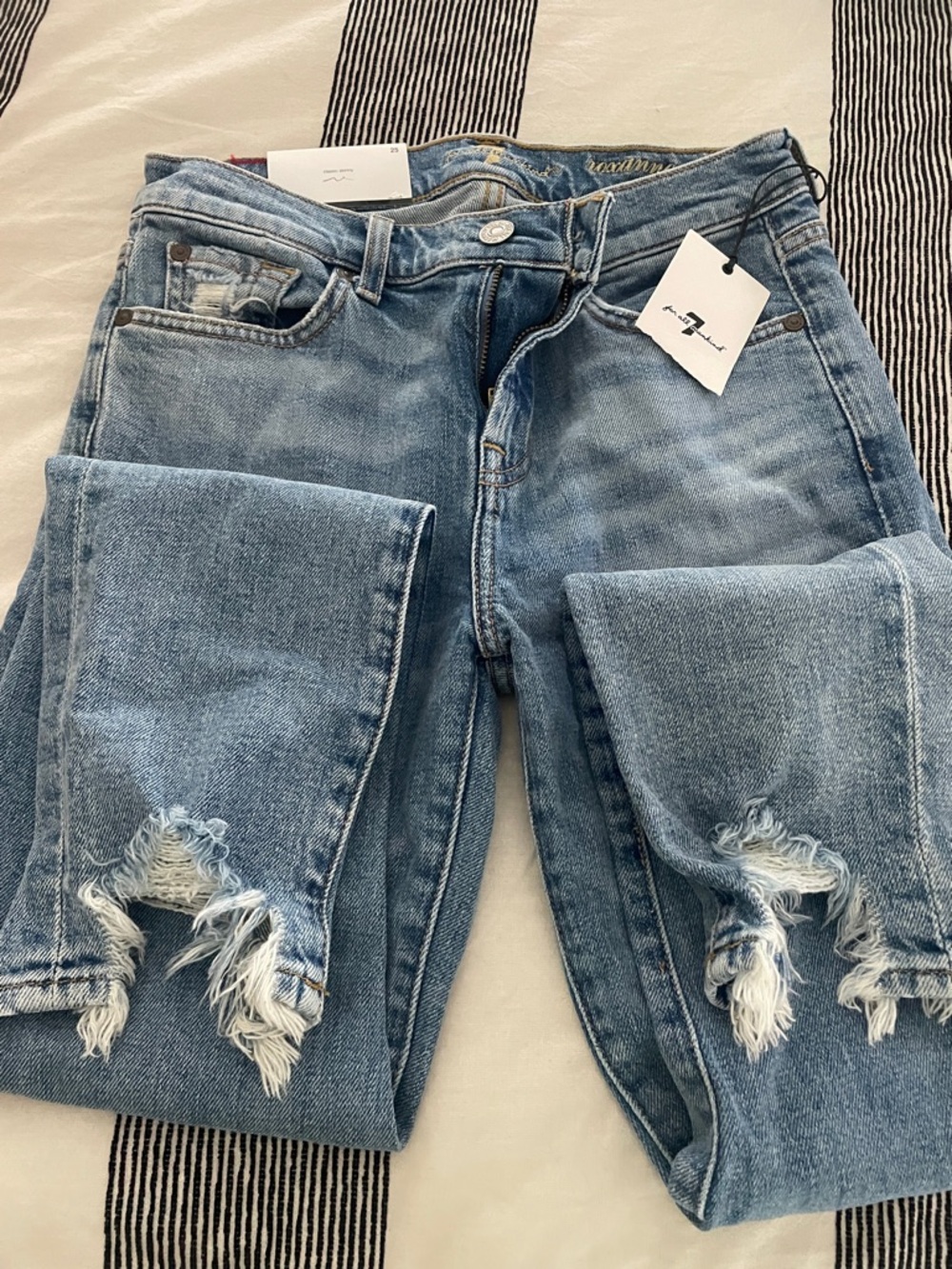 7 For All Mankind Light Blue Distressed Cropped Jeans with Frayed Hem